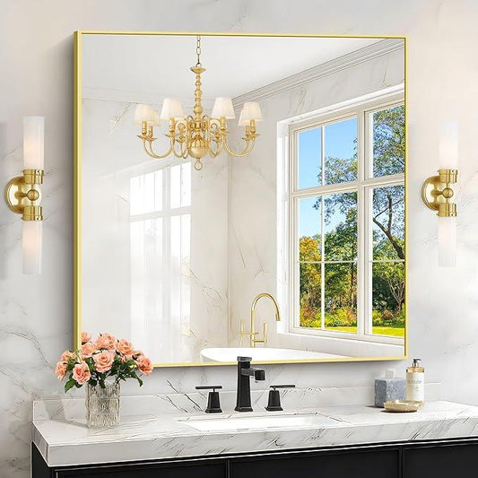 KOCUUY Large Gold Bathroom Mirror, 36x36 Inch Square Mirror for Bathroom Sink, Oversized Wall Mirror with Metal Gold Frame for Living Room, Farmhouse, Entryway, Hang Horizontal/Vertical - ModernBath