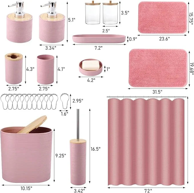 XLHOMO Bathroom Set - Pink Bathroom Accessories Set, Bathroom Sets with Shower Curtain and Rugs, 25PC Shower Curtain Set with Hooks, Soap Dispenser, Soap Dish, Toilet Brush Holder and Trash Can - ModernBath