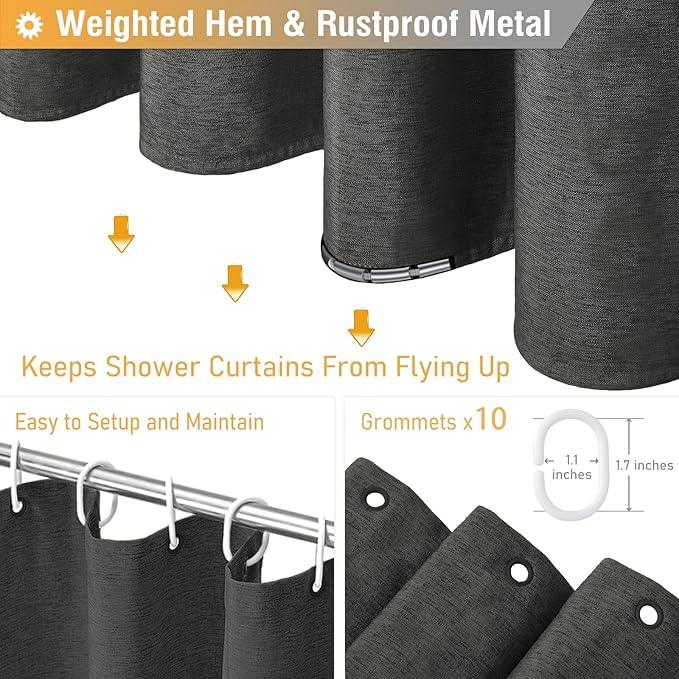 BTTN 60 Inch Stall Fabric Shower Curtain - Linen Cloth Heavy Duty Shower Curtain Set with 10 Plastic Hooks, Narrow Waterproof Decorative Bath Curtains for Bathroom and Bathtubs - 60x72 - Charcoal Grey - ModernBath