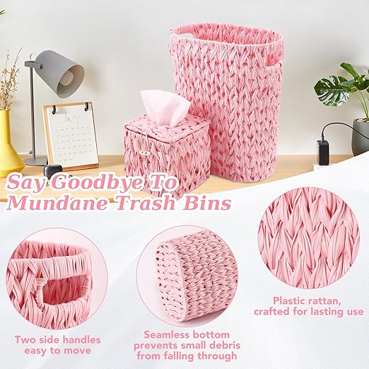 BSSN Wicker Trash Can & Square Tissue Box, Handwoven Waterproof Waste Basket with Handles, Wicker Home Set for Bedroom, Bathroom, Kitchen, Office, Balcony, Pink