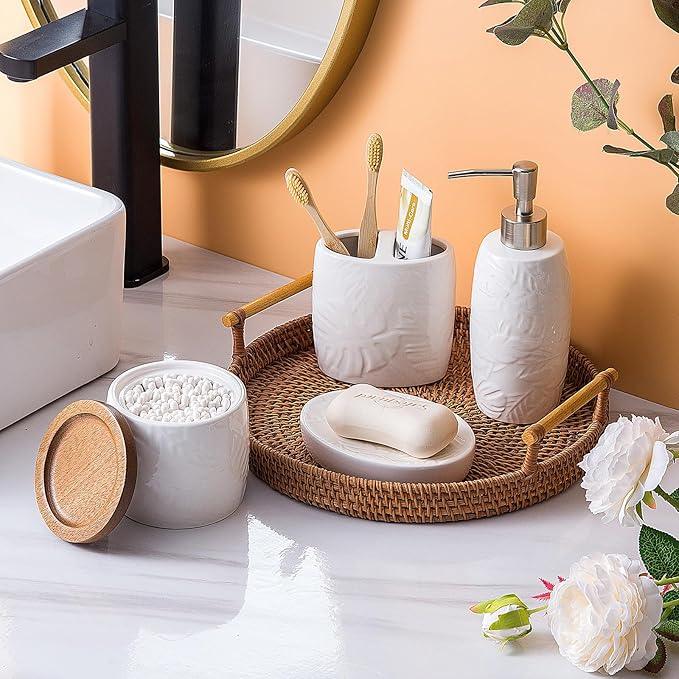 Bathroom Accessories Set,Leaf Design Bathroom Accessory Set,4 PCS Ceramic Gift Set Apartment Necessities, Contain Cotton Swab Jar,Soap Dispenser,Soap Dish,Tumbler White - ModernBath