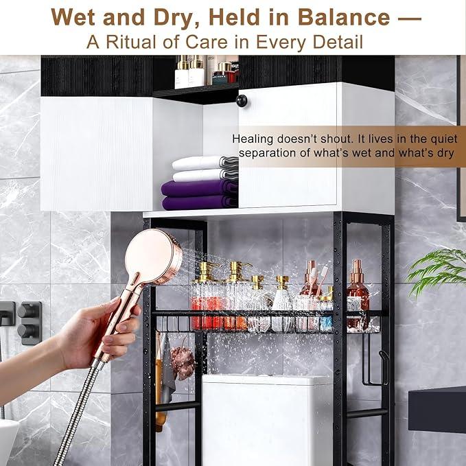 Over the Toilet Storage Cabinet - Freestanding Bathroom Organizer Shelf with Doors, Black & White Over the Toilet Shelves that Separates Wet and Dry Areas, Privacy Protection Above Toilet Storage Rack - ModernBath