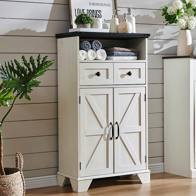 ACCOHOHO Bathroom Floor Cabinet, Farmhouse Storage Cabinet, 24" Wide Cabinet with Drawer, Adjustable Shelf, Barn Doors, Cabinets for Bathroom, Kitchen, Living Room, Off White - ModernBath