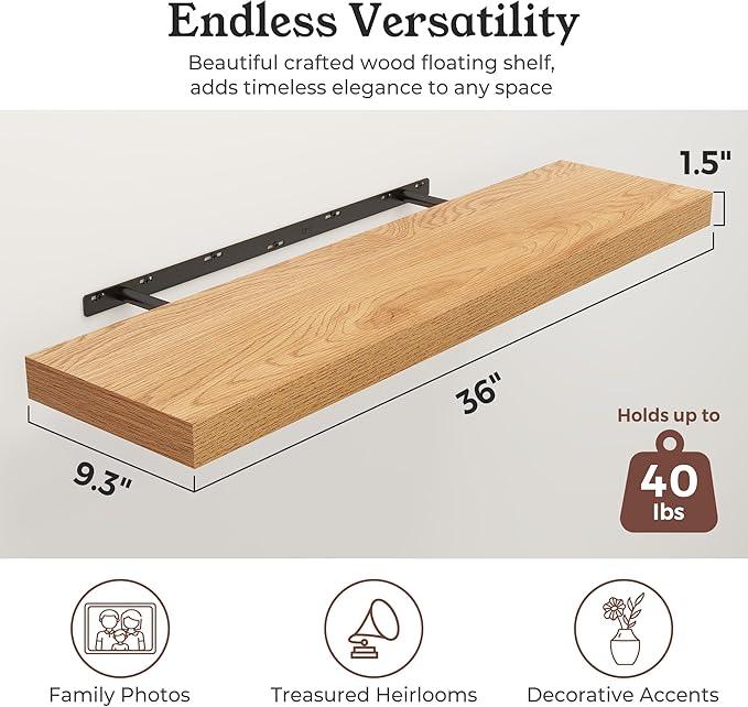 Floating Shelves for Wall, Wall Mounted Rustic Wood Shelves for Bathroom, Bedroom, Living Room, Kitchen, Hanging Shelf for Books/Storage/Room Decor (Oak, 36") - ModernBath