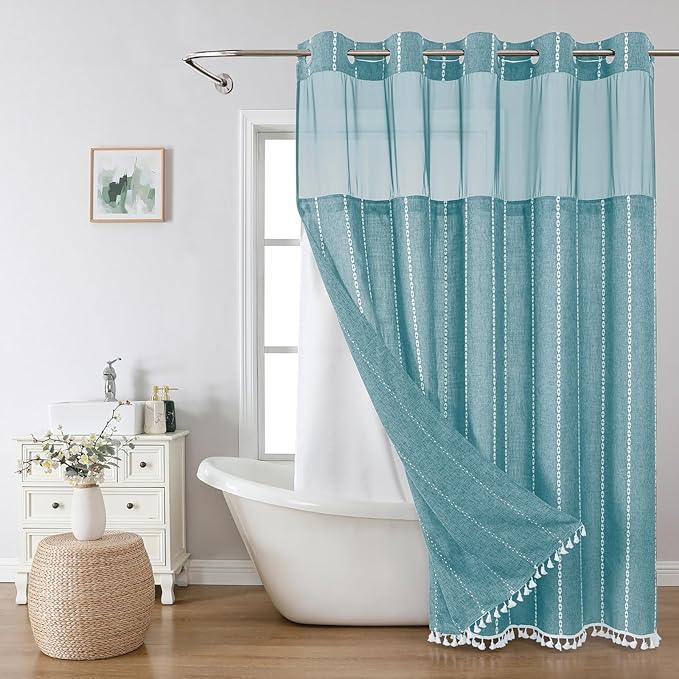 eachope No Hook Extra Long Shower Curtain Set with Snap-in Liner,Linen Textured Thick Striped Fabric with Tassels,Boho Chic Modern Farmhouse Bathroom Curtain,Water-Repellent,Teal,71x86 - ModernBath