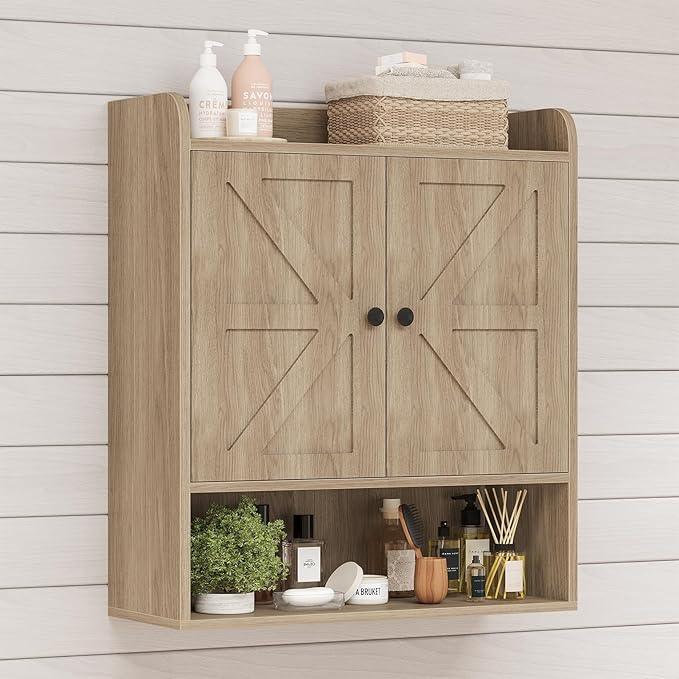 EasyCom 22" W x 26" H Bathroom Wall Cabinet, Farmhouse Medicine Cabinet with Adjustable Shelves and Double Barn Doors, Over The Toilet Storage Cabinet for Bathroom, Kitchen, Living Room, Oak Grey - ModernBath