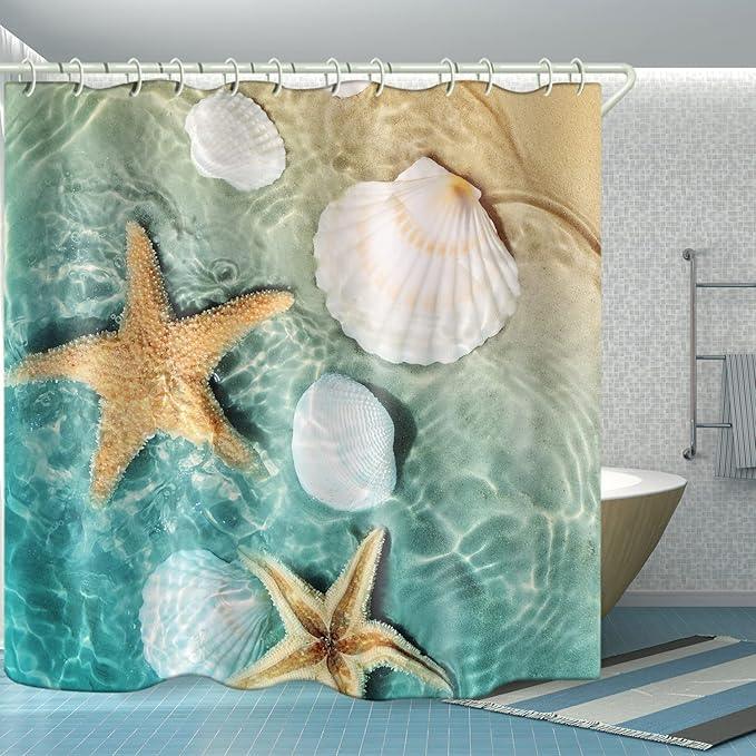 LYFANS Shower Curtains Waterproof Polyester Fabric,Large Width Bright Partition Curtain with Scallop Beach Print,Shower Curtain Liner for Bathtub Bathroom with 12 White Hooks (72 x72 inches) - ModernBath