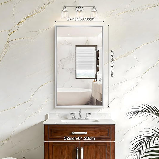 CIVENO 40x24 Silver Bathroom Mirror, Brushed Silver Rectangular Mirror for Wall, 0.6" Thickened Deep Frame Mirrors for Bathroom Sink, Shatterproof Tempered Glass, Antirust, Horizontally or Vertically