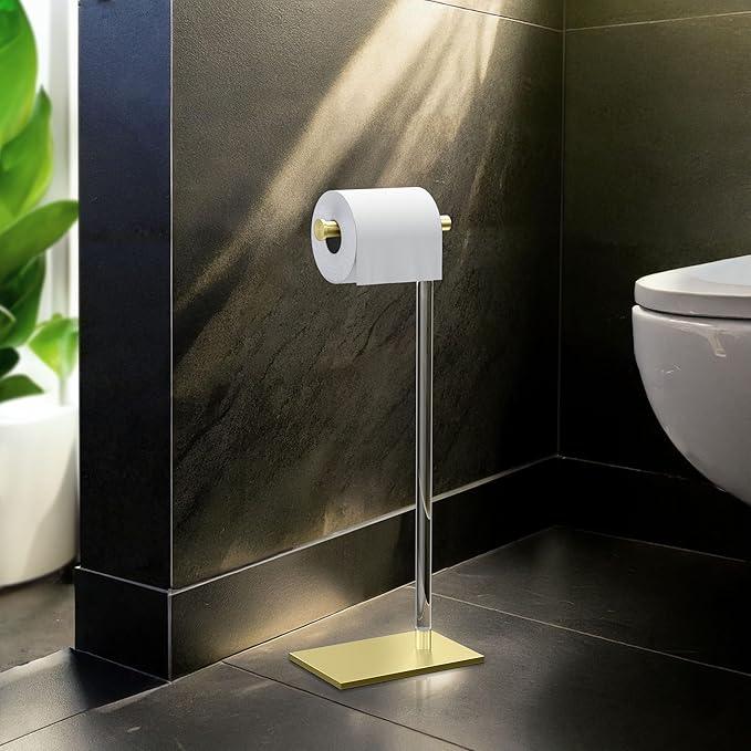 Gatco 1331B Modern Rectangle Base Freestanding Toilet Paper Holder 22.25" Brushed Brass/Acrylic with Weighted Base - ModernBath