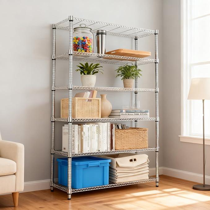 6 Tiers Shelf 2100 lbs Steel Storage Shelving Utility Shelving Unit Steel Organizer Wire Rack for Home,Kitchen,Office,Garage Chrome 17.7" D x 47.2" W x 82.4" H - ModernBath