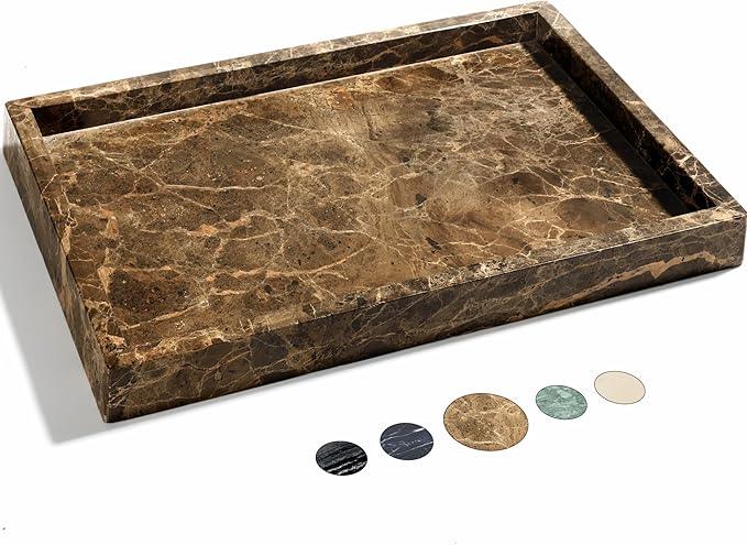 Real Natural Marble Tray for Bathroom, Genuine Marble Stone Vanity Tray, Luxury Storage Trays for Kitchen, Vanity, Home Decor, Dresser, Non-Resin/Non-Ceramic, 12"x 8"x 1.2", Dark Brown - ModernBath