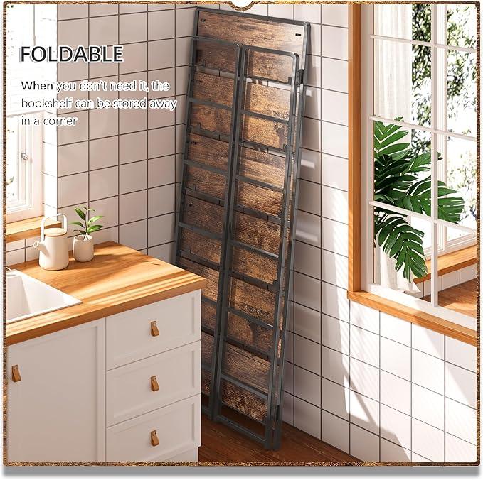 4NM No Assembly 6 Tiers Folding Bookshelf Storage Shelves Vintage Bookcase Standing Racks Study Organizer Home Office (Rustic Brown Black) - ModernBath