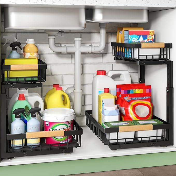 Under Sink Organizer, 2 Packs 2 Tier Under Sink Organizers and Storage, Slide out Pull out Cabinet Organizer Shelf, Metal Sliding Drawer for Kitchen Bathroom Pantry Cabinet Closet Organization Rack - ModernBath