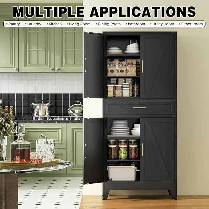COFaR 71" Tall Metal Storage Cabinet with 4 Doors and 4 Adjustable Shelves, 6-Tier Farmhouse Storage Cabinet with Drawers and Legs, for Office, Home, Garage, Gym, School, Living Room, Hallway（Black） - ModernBath