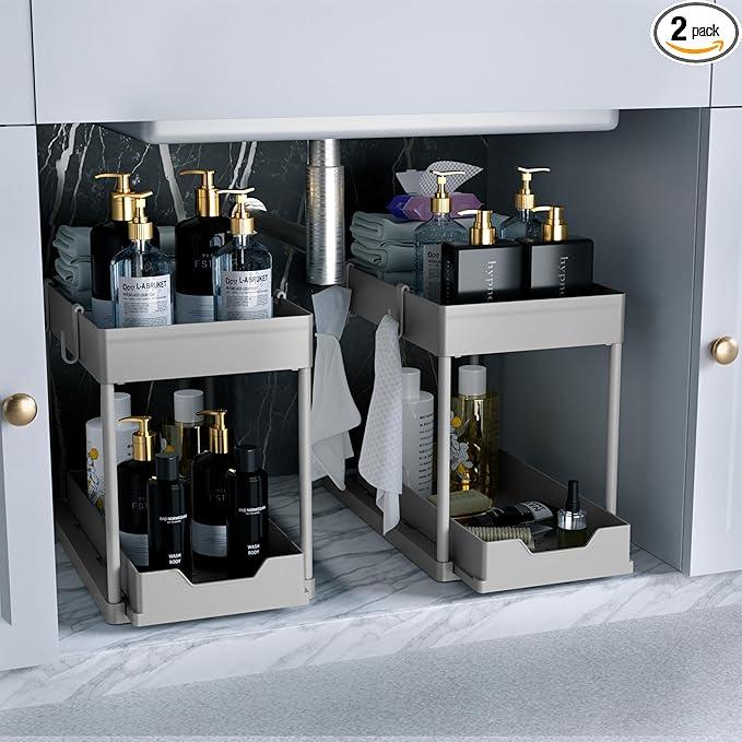 DEKAVA Under Sink Organizer 2 Pack，Bathroom Cabinet Organizer，2 Tier Sliding Cabinet Basket Organizer Drawer, Multi-Purpose Bath Collection Baskets for Bathroom (Grey) - ModernBath