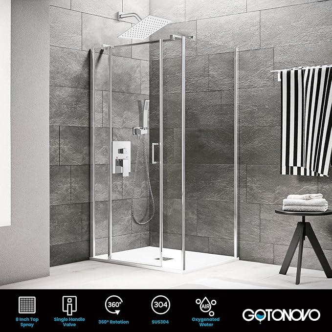 gotonovo Rainfall Bathroom Shower System Rain Shower Head and Handle Set Wall Mounted Shower Complete Combo Solid Brass Pressure Balancing Shower Mixer Valve 8 Inch Polished Chrome - ModernBath