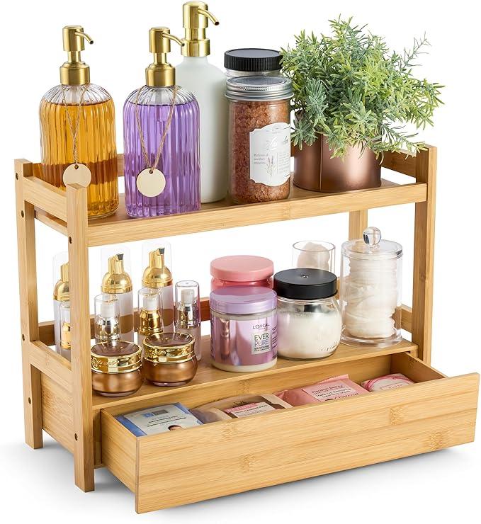 Sorbus Bamboo Bathroom Counter Organizer – 2-Tier Shelf with Hidden Drawer for Vanity, Matcha Station, Bathroom Sink Organizer Countertop, Kitchen & Office Storage (17″ L x 6.5″ W x 12.6″ H) - ModernBath
