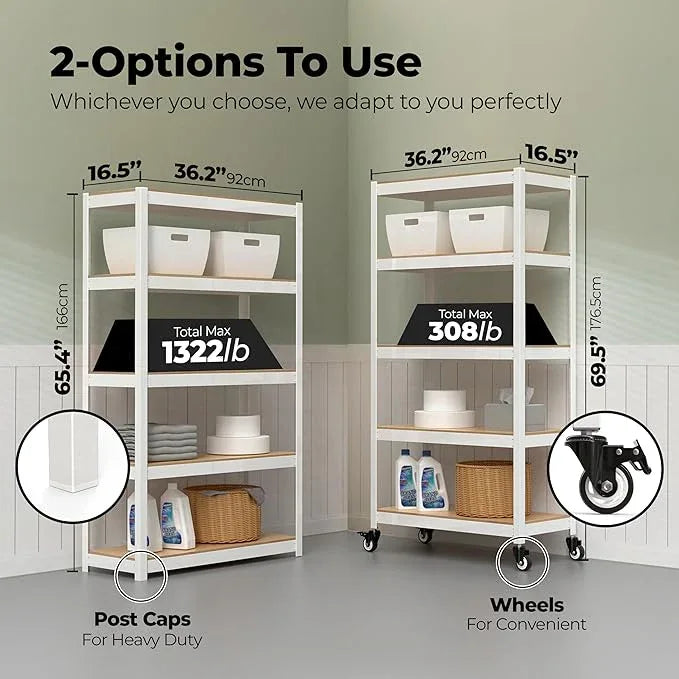 HOMEDANT House 5-Tier Metal Rolling Cart Shelf Rack Casters Heavy Duty Laminated Wheel Shelving Unit Adjustable Utility Storage Shelves Organizer Shelf Kitchen Garage (1, (M) 36.2" W, White) - ModernBath