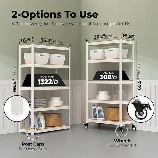HOMEDANT House 5-Tier Metal Rolling Cart Shelf Rack Casters Heavy Duty Laminated Wheel Shelving Unit Adjustable Utility Storage Shelves Organizer Shelf Kitchen Garage (1, (M) 36.2" W, White) - ModernBath