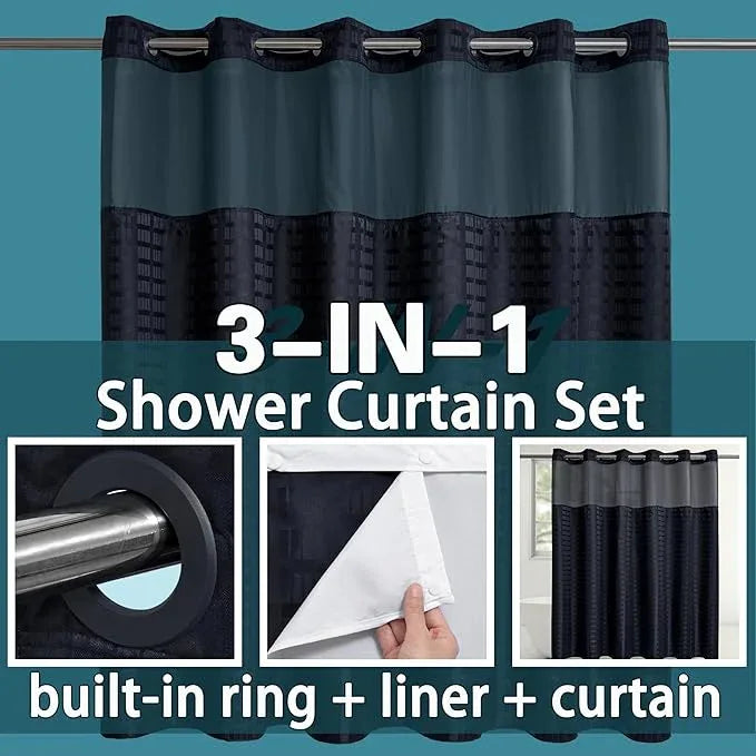 Conbo Mio Extra Wide No Hook Shower Curtain with Snap in Liner Set, 108" x 74" Hotel Luxury Black Shower Curtains for Bathroom with See Through Top Window, Waterproof, Washable 108W x 74H - ModernBath