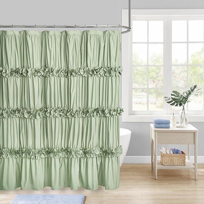 Homechoice Decor Sage Ruffle Shower Curtain, Vintage Handcrafted Bow Tie Bath Curtain for Master Bathroom, Ruched Microfiber Bathroom Curtain with 12 Buttonholes, 72" W x 72" H (LQ-10) - ModernBath
