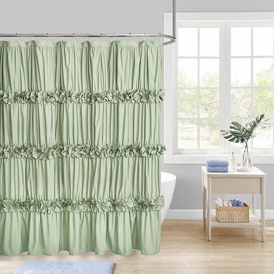 Homechoice Decor Sage Ruffle Shower Curtain, Vintage Handcrafted Bow Tie Bath Curtain for Master Bathroom, Ruched Microfiber Bathroom Curtain with 12 Buttonholes, 72" W x 72" H (LQ-10) - ModernBath