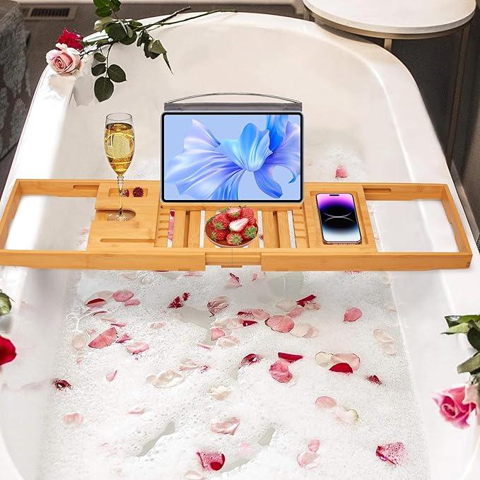 Artmalle Luxury Bathtub Caddy Tray for Tub - Foldable Bamboo Bath Table Tray with Book and Wine Glass Holder, Expandable Bathroom Accessories for Spa or Reading Lite Style - ModernBath
