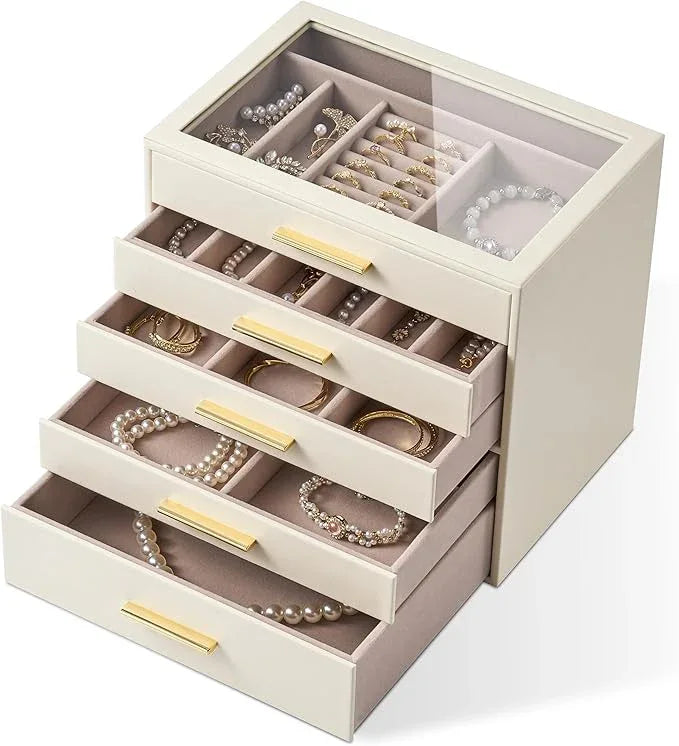 pickpiff Jewelry Box Organizer Case for Women: 5-Layer Jewelry Storage Case with Glass Window, Ivory Leather with Pink Velvet, Holder for Ring Necklace Bracelet Brooch Watch, Great Gift for Her - ModernBath