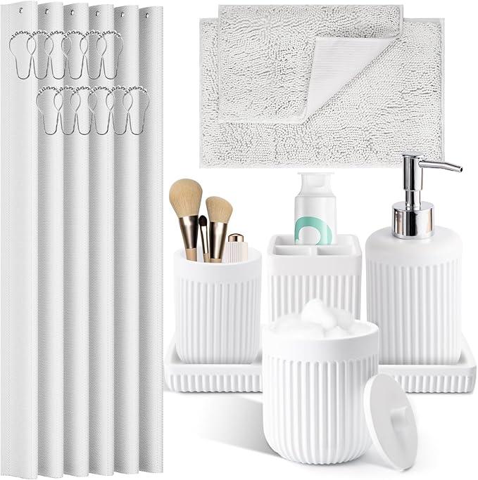 XLHOMO 8-Piece White Bathroom Set - Resin Bathroom Accessories Sets Complete with Shower Curtain and Rugs, Soap Dispenser, Toothbrush Holder, Cup, Tray & Cotton Swab Jars - ModernBath