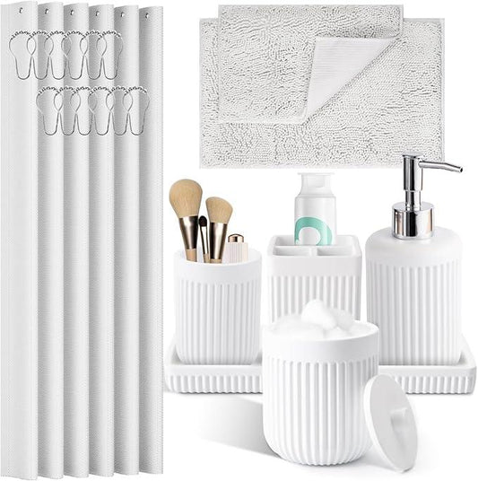 XLHOMO 8-Piece White Bathroom Set - Resin Bathroom Accessories Sets Complete with Shower Curtain and Rugs, Soap Dispenser, Toothbrush Holder, Cup, Tray & Cotton Swab Jars - ModernBath