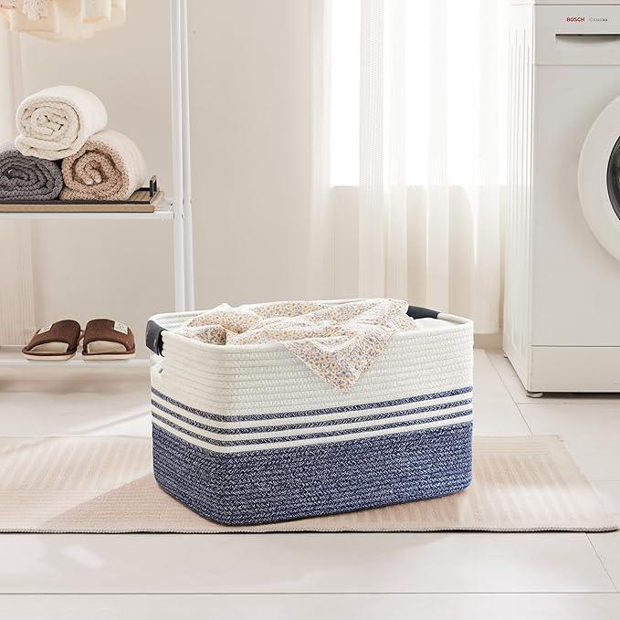 60L Large Laundry Basket with Leather Handles for Living Room Storage, Woven Rope Baskets Bin for Blanket, Kids Toy, Gifts, Wicker Hamper for Bedroom Dirty Clothes, 21"x15"x11" Denim Blue - ModernBath