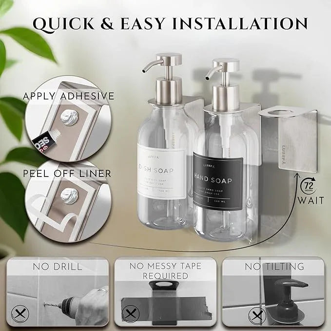 Shampoo & Conditioner Dispenser - Shower Soap Dispenser Wall Mounted - Set of 3 16.9 Oz Plastic Bottles with Pump & Holder - Shampoo Dispenser - Shower Dispenser Chamber No Drill (3 X Clear/Silver) - ModernBath