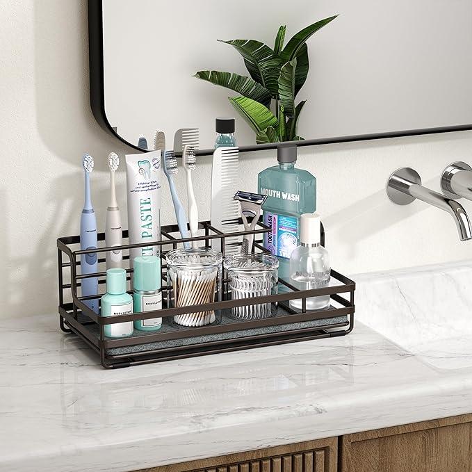 HapiRm Toothbrush Holders for Bathroom - 5 Partitions Bathroom Counter Organizer with Instant Drying Stone, Stainless Steel Countertop Storage Electric Toothbrush Toothpaste Holder - Bronze - ModernBath