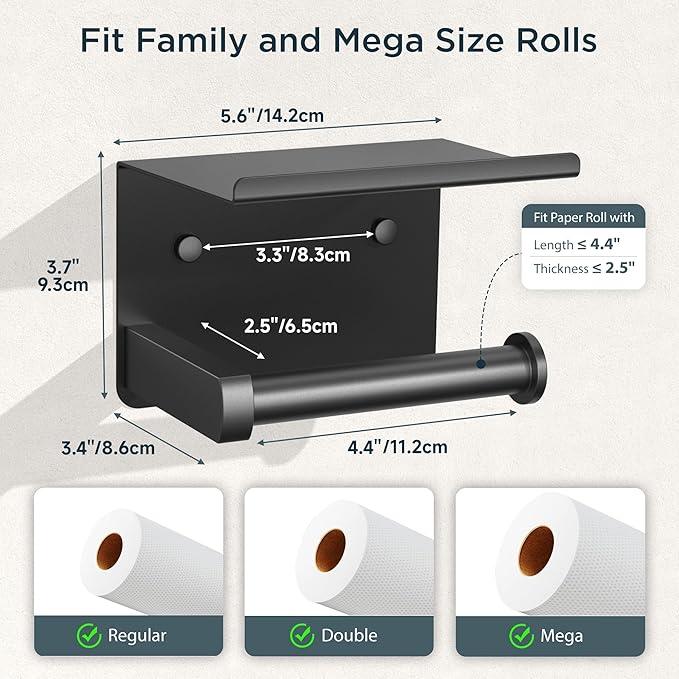 FORIOUS Toilet Paper Holder with Shelf, Adhesive or Screw Wall Mount Toilet Paper Roll Holder for Bathroom, Rustproof 304 Stainless Steel Commercial Toilet Tissue Holder, 2 Pack Matte Black - ModernBath
