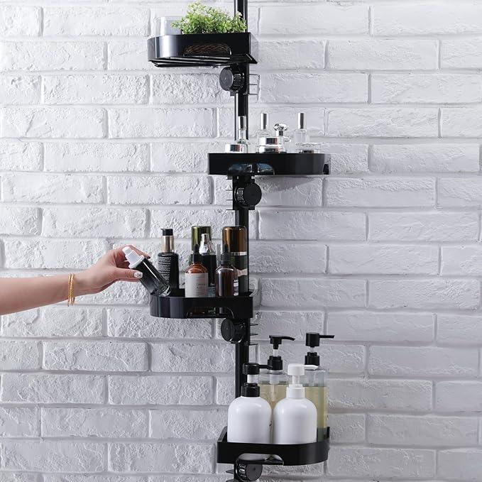 shuang qing 4-Tier Corner Shower Caddy Tension Pole Organizer - Adjustable Rustproof Metal Tension Pole, Plastic Shelves with Safety Guardrail, Bathroom Storage for Shower & Bathtub(Black) - ModernBath