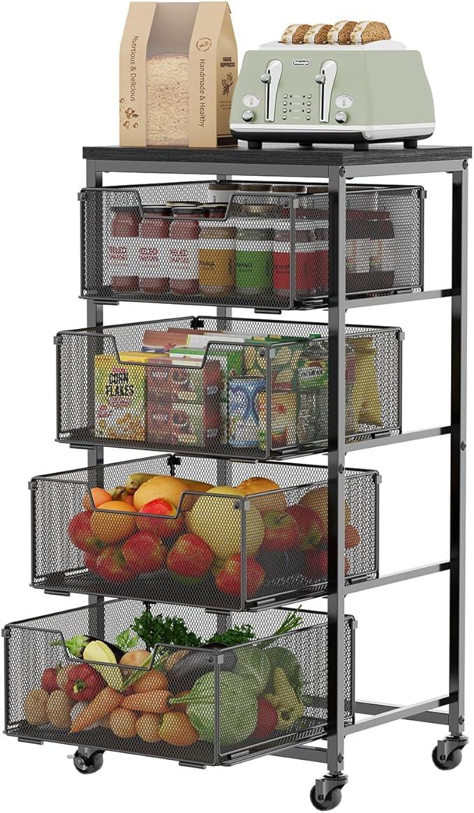4-Tier Fruit Vegetable Storage Cart - Kitchen Organizer and Storage Cart with Wheels, Wooden Top Metal Wire Fruit Vegetable Rack Stand with Drawers to Storage Cans Snacks for Kitchen(Patent Pending) - ModernBath