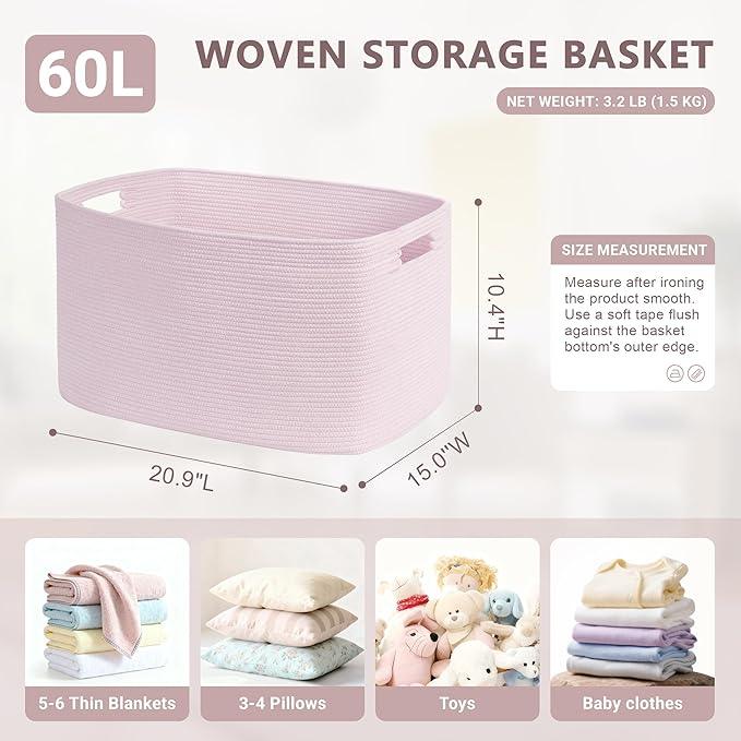 60L Small Baby Girls Laundry Basket for Nursery Storage,Cute Woven cotton Rope Baskets for Kids Toy，Gifts, Boho Square Wicker Blanket hamper for Living Room,Bedroom Dirty Clothes,Pink - ModernBath