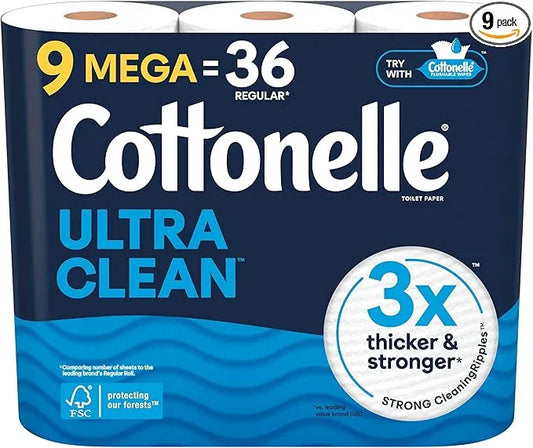 Cottonelle Ultra Clean Toilet Paper, 9 Mega Rolls = 36 Regular Rolls, Packaging May Vary - ModernBath
