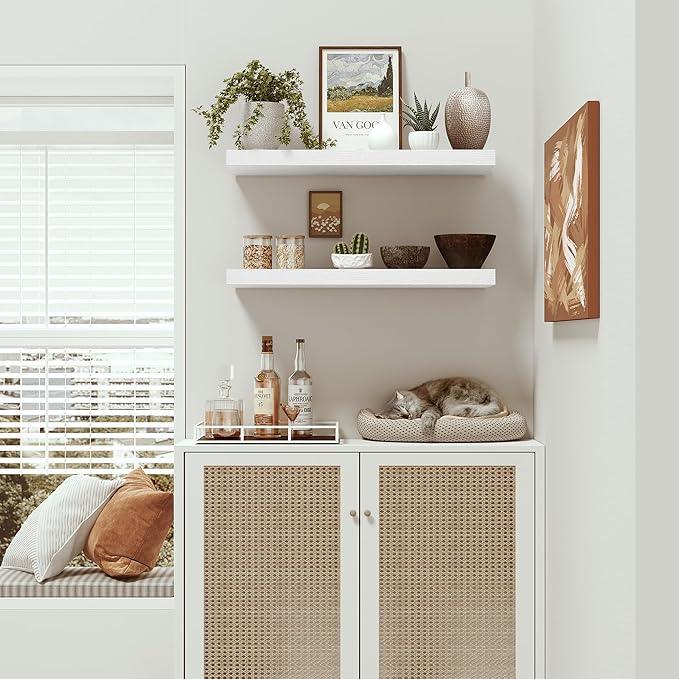Vivelove Floating Shelves for Wall 24 inchs Long, 9.1” deep x 1.6” Wall Shelf for Bedroom, Bathroom, Living Room, Kitchen, Office Home Decor, Deep Wood Shelves with Invisible Brackets, Set of 2 White - ModernBath