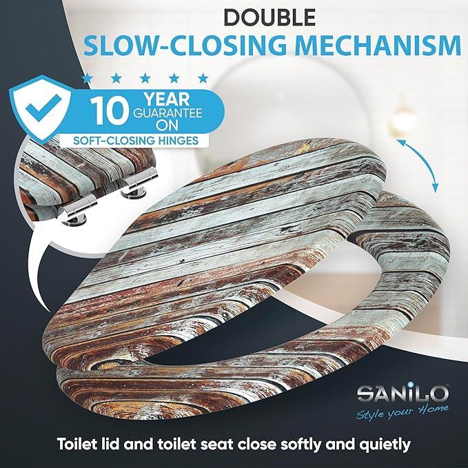 SANILO Wooden Toilet Seat with Soft Close [ELONGATED] - Decorative, Quiet & Slow Close Molded Wood Seat - With Strong Bumpers & Hinges - Adjustable Fit - Antique - ModernBath