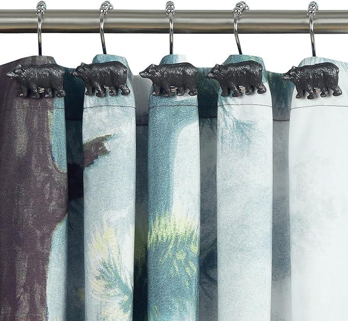 Rustic Black Bear Shower Curtain Hooks, Rustproof Farmhouse Lodge Cabin Shower Hooks for Shower Curtain, 5 Roller Ring Balls Bathroom Curtain Hooks, Outdoor Decorative Animal Hooks, Set of 12 - ModernBath