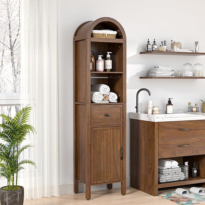 64" Tall Bathroom Storage Cabinet with Adjustable Shelves,Tall Narrow Arched Freestanding Tower Cabinet with Fluted Doors and Drawers,Space Saving Organizer for Bathroom Living Room (Walnut) - ModernBath