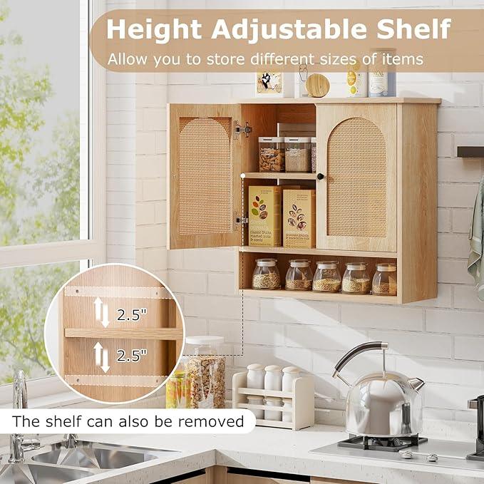 Tangkula Wall-Mounted Medicine Cabinet, with 2 Faux Rattan Doors & Adjustable Shelves, Open-Back Bathroom Cabinet Over The Toilet, Boho Hanging Storage Cupboard for Laundry Kitchen (No Back, Natural) - ModernBath