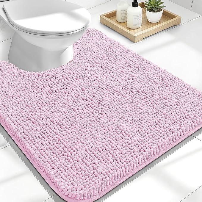 OLANLY Toilet Rugs U-Shaped 24x20, Extra Soft Absorbent Chenille Contour Bathroom Rugs for Toilet, Dry Quickly, Machine Washable, Non-Slip Bath Mat, Pink - ModernBath