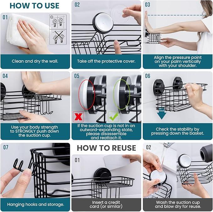 TAILI Shower Caddy Suction Cup, 3 Pack Shelves for Inside with Hooks & Soap holder Toothbrush Cups, Removable Bathroom Organizer, Rustproof Black Holder Storage-Black - ModernBath