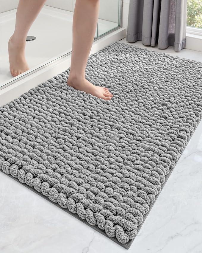 DEXI Bathroom Rugs 24x43, Non Slip Washable Bath Mat, Luxury Chenille Super Absorbent Ultra Thick Bathmats for Shower Floor, Plush Fluffy Shaggy Carpet for Tub, Light Grey - ModernBath