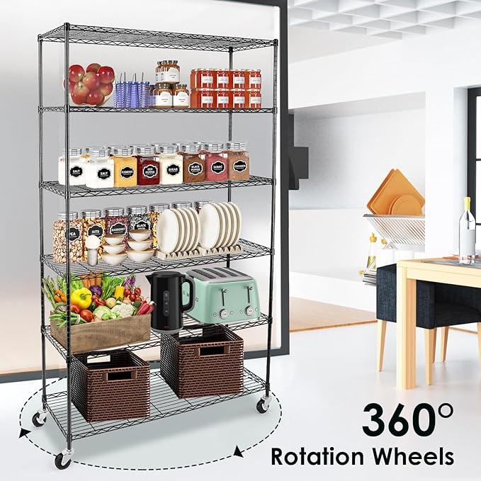 WDT 6 Tier Shelf Shelving Unit with Wheels,Adjustable Metal Shelves for Storage, NSF Black Wire Shelving Rack, 2100Lbs Capacity Heavy Duty Shelving Storage Shelves for Kitchen Garage,47" Dx17 Wx80 H - ModernBath