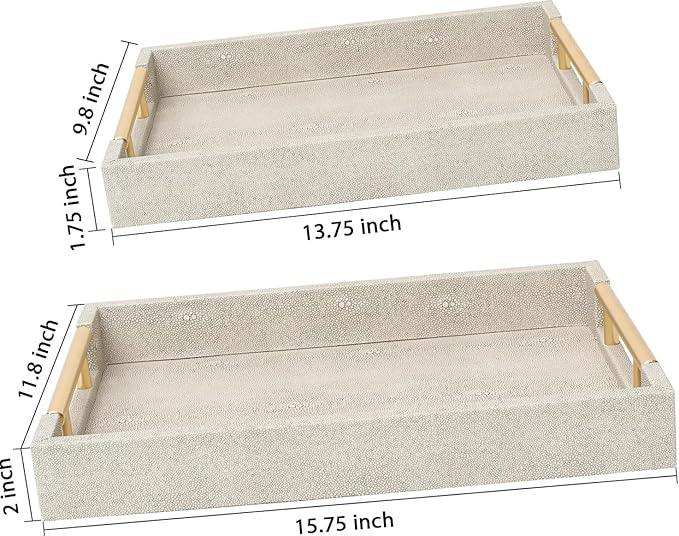 Set of 2 Wood Serving Tray with Gold Polished Metal Handles, Home Decorative Wooden Rectangle Ottoman Leather Decor Platter Bathroom Vanity Tray for All Occasions (Ivory) - ModernBath