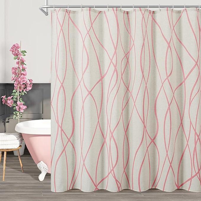 Pink Modern Farmhouse Linen Shower Curtain, Country Cottage Bathroom Decor Striped Minimal Boho Textured Linen Shower Curtain Set with Hooks, 72x72 - ModernBath