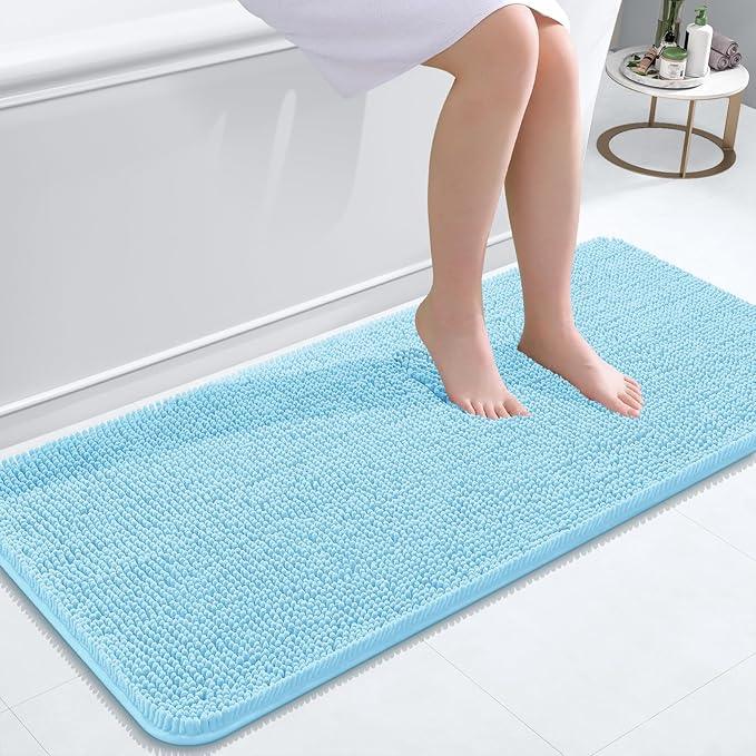 OLANLY Bathroom Rugs 47x20, Extra Soft Absorbent Chenille Bath Rugs, Rubber Backing Quick Dry, Machine Washable Bath Mats for Bathroom Floor, Tub and Shower, Home Decor Accessories, Sky Blue - ModernBath